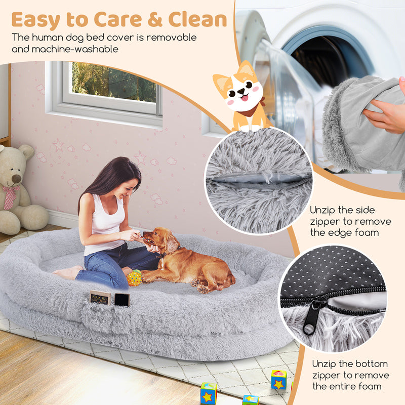 Washable Fluffy Human Dog Bed with Soft Blanket and Plump Pillow-Gray