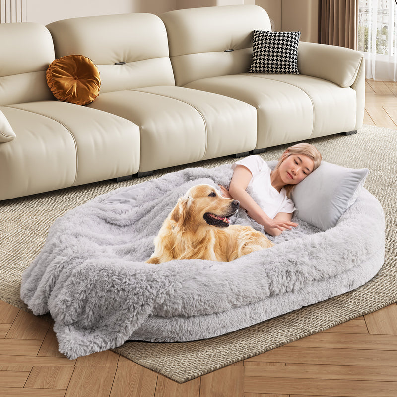 Washable Fluffy Human Dog Bed with Soft Blanket and Plump Pillow-Gray