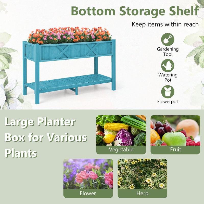 Poly Wood Elevated Planter Box with Legs Storage Shelf Drainage Holes-Blue