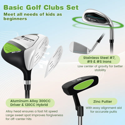 Junior Complete Golf Club Set with Stand Bag Rain Hood-Green