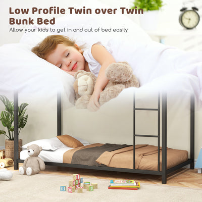 Low Profile Twin Over Twin Metal Bunk Bed with Full-length Guardrails-Black