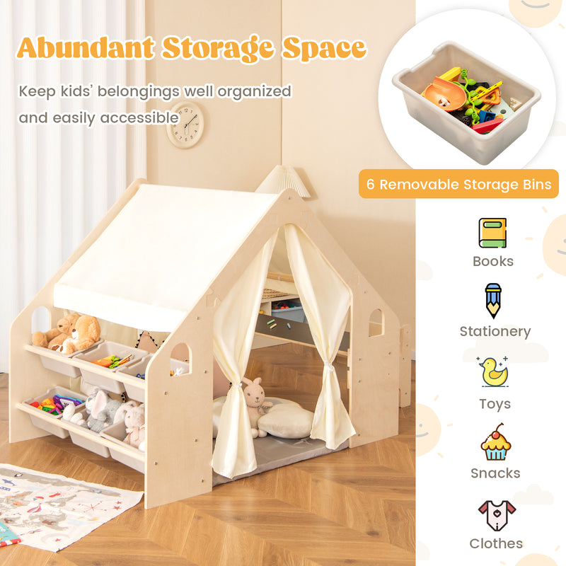 6-in-1 Kids Play Tent Playhouse with Blackboard 6 Storage Bins and Floor Cushion-Beige