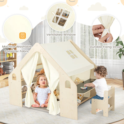 6-in-1 Kids Play Tent Playhouse with Blackboard 6 Storage Bins and Floor Cushion-Beige