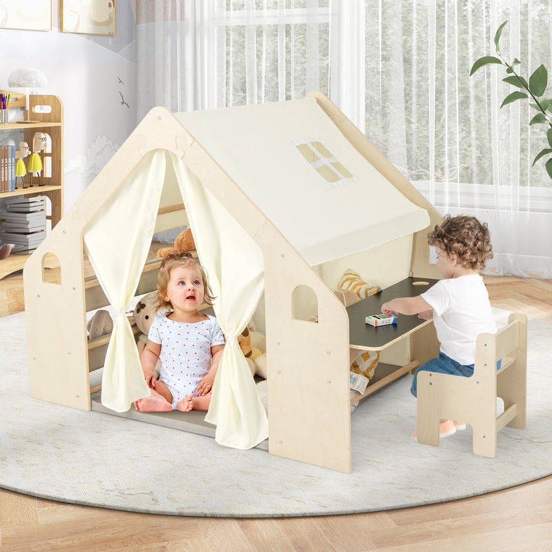 6-in-1 Kids Play Tent Playhouse with Blackboard 6 Storage Bins and Floor Cushion-Beige