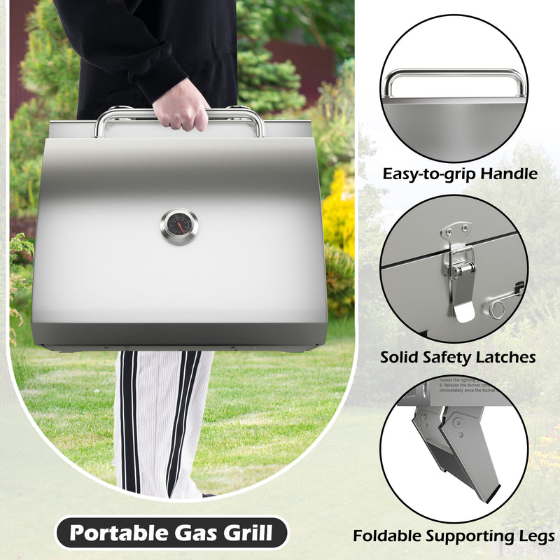 Stainless Steel Propane Grill with Lid for Outdoor Camping Tailgating Picnic Party-Silver