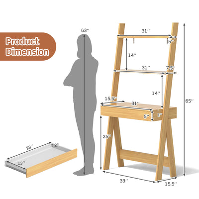 Ladder Shelf Desk Bookcase with Countertop  Drawer and 2 Shelves-Natural