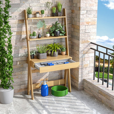 Ladder Shelf Desk Bookcase with Countertop  Drawer and 2 Shelves-Natural