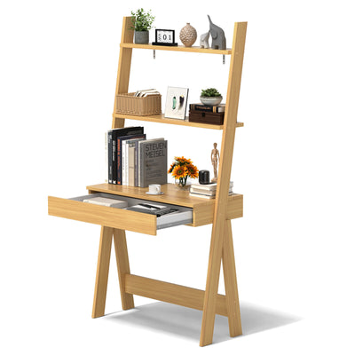 Ladder Shelf Desk Bookcase with Countertop  Drawer and 2 Shelves-Natural