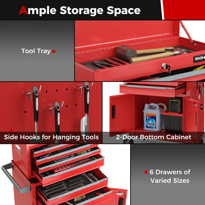 6-Drawer Rolling Tool Storage Chest Cabinet with Universal Wheels and Hooks-Red