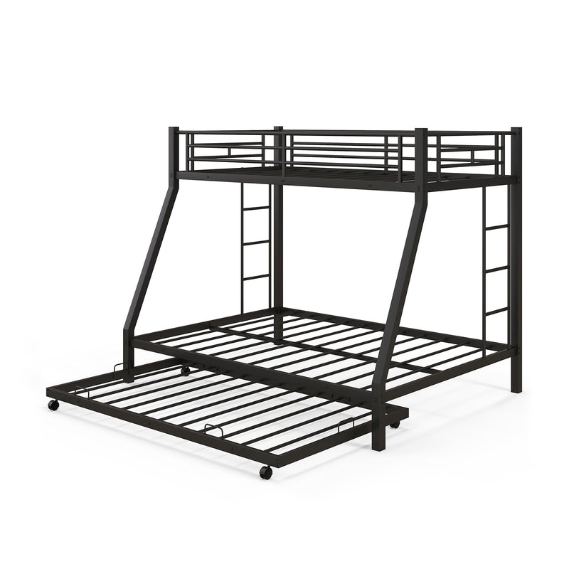 Twin Over Full Bunk Bed Frame with Trundle for Guest Room-Black