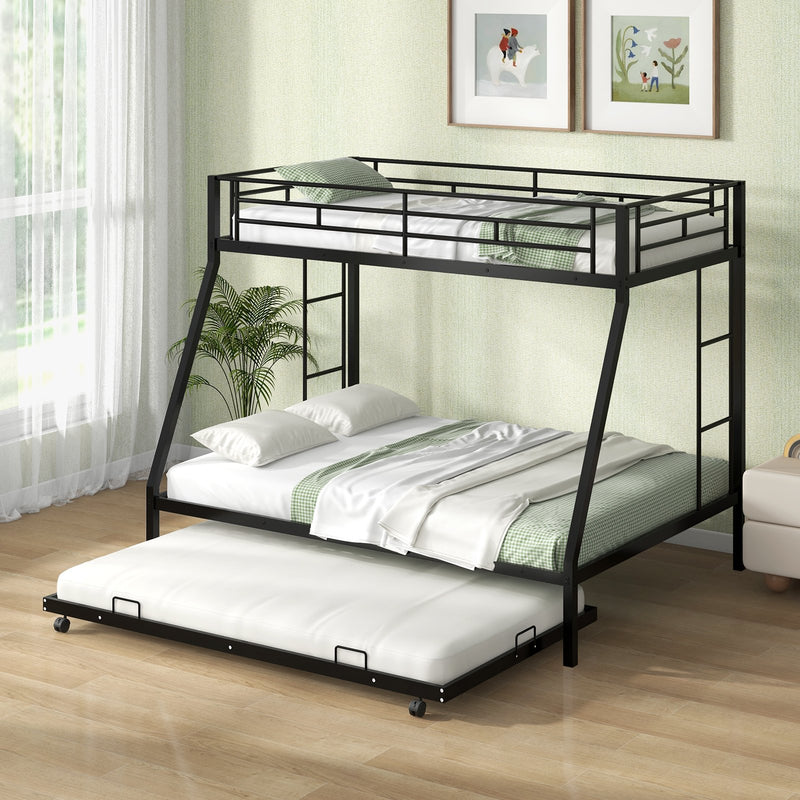 Twin Over Full Bunk Bed Frame with Trundle for Guest Room-Black