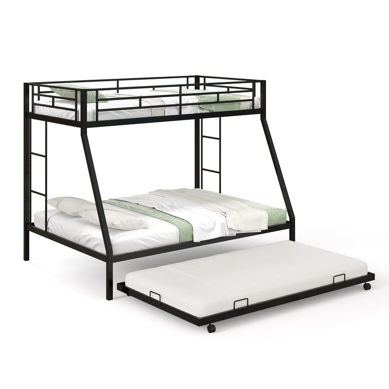 Twin Over Full Bunk Bed Frame with Trundle for Guest Room-Black