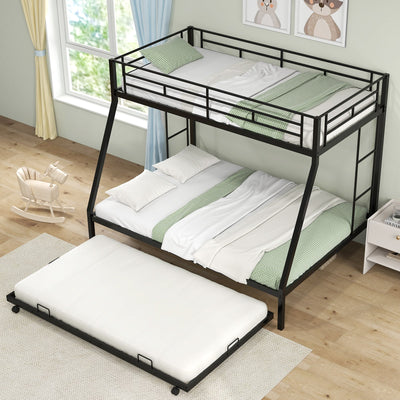 Twin Over Full Bunk Bed Frame with Trundle for Guest Room-Black