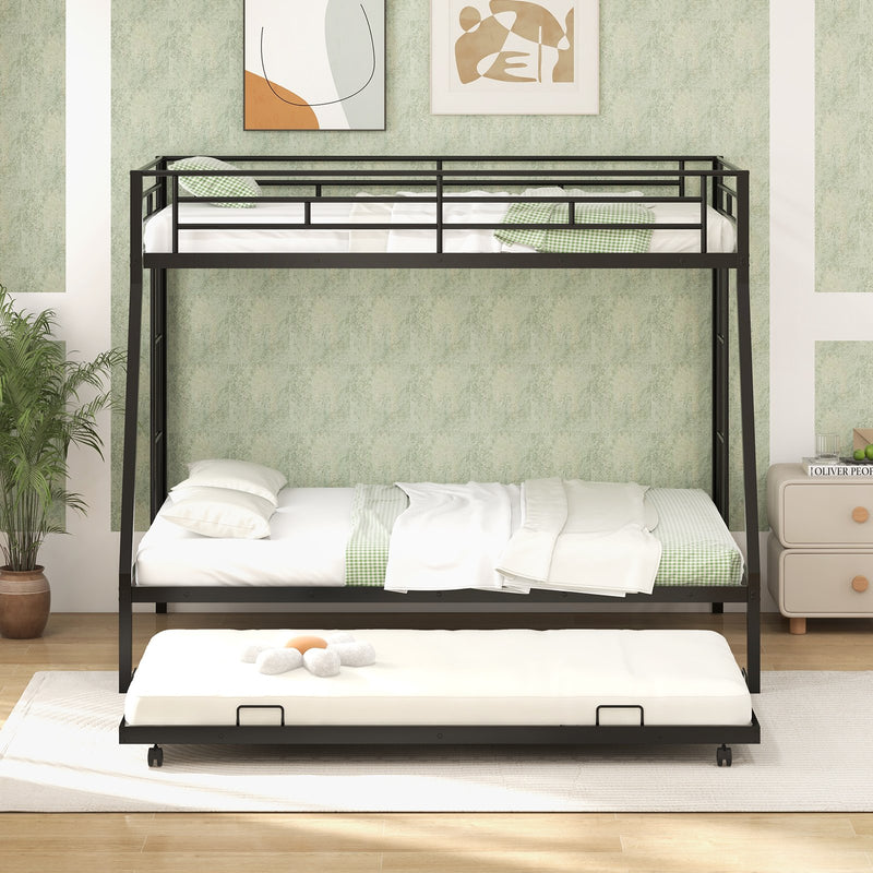 Twin Over Full Bunk Bed Frame with Trundle for Guest Room-Black