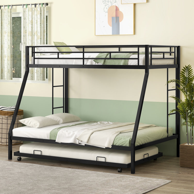 Twin Over Full Bunk Bed Frame with Trundle for Guest Room-Black