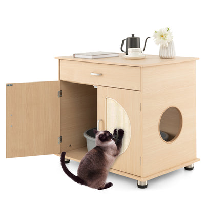 Cat Litter Box Enclosure with Sisal Scratching Doors and Storage-Natural