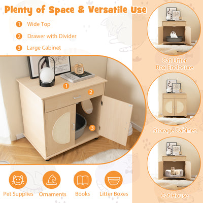 Cat Litter Box Enclosure with Sisal Scratching Doors and Storage-Natural