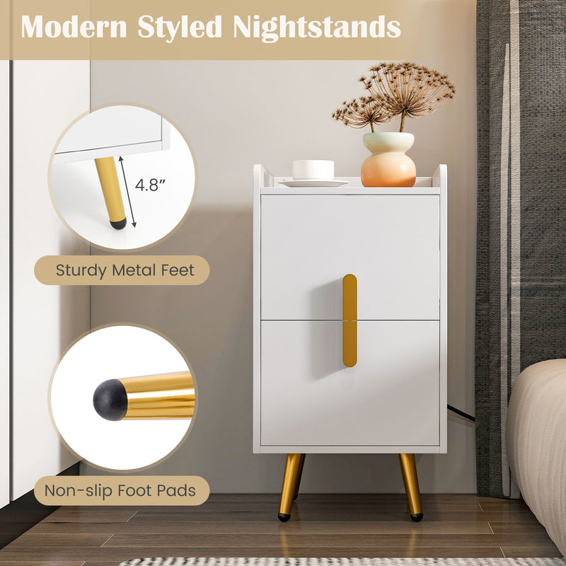 Nightstand Side Tables with 2 Drawers and 2 USB Ports-White