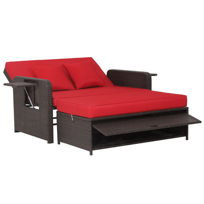 Patio Rattan Lounge Chair Set with 4-Level Adjustable Backrest and Retractable Side Tray-Red