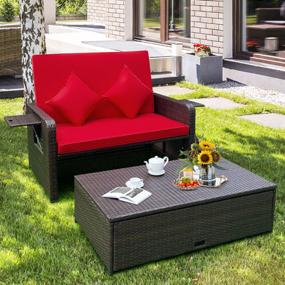 Patio Rattan Lounge Chair Set with 4-Level Adjustable Backrest and Retractable Side Tray-Red