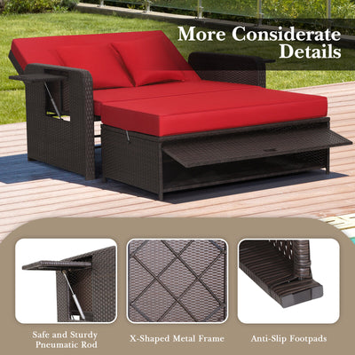 Patio Rattan Lounge Chair Set with 4-Level Adjustable Backrest and Retractable Side Tray-Red