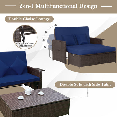 Patio Rattan Daybed with 4-Level Adjustable Backrest and Retractable Side Tray-Navy