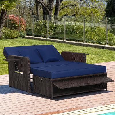 Patio Rattan Daybed with 4-Level Adjustable Backrest and Retractable Side Tray-Navy