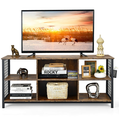 Mid-Century Wooden TV Stand with Storage Basket for TVs up to 65 Inch-Rustic Brown