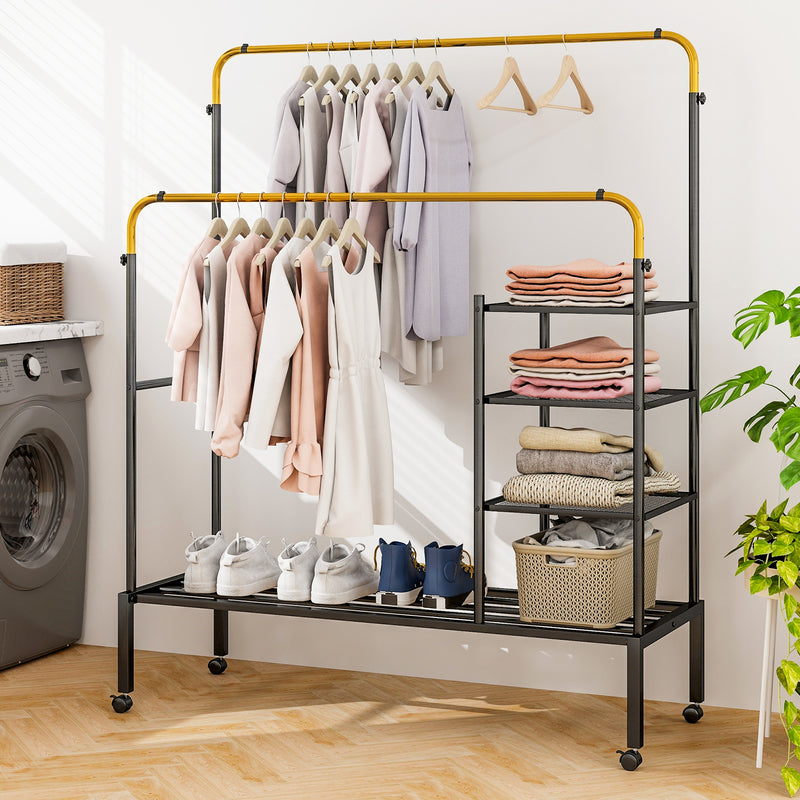 Rolling Double Rods Garment Rack with Height Adjustable Hanging Bars-Golden