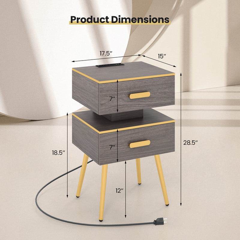 Nightstand Sofa Side Tables with Charging Station and 2 Drawers and LED lights-Gray