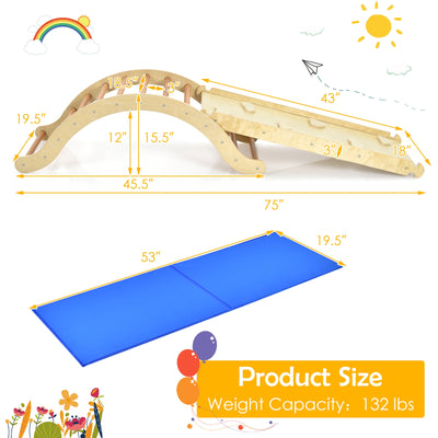 3-in-1 Kids Climber Set Wooden Arch Triangle Rocker with Ramp and Mat-Natural