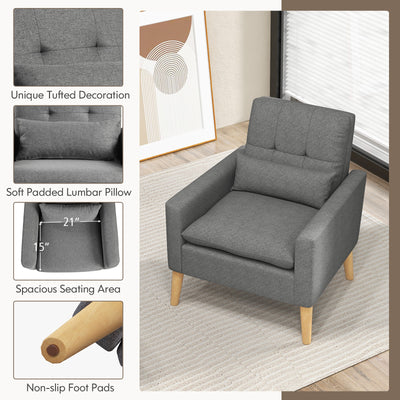 Accent Chair with Lumbar Pillow Rubber Wood Legs and Padded Cushions-Gray