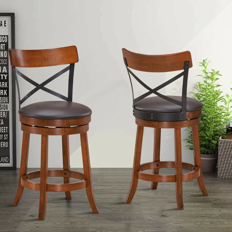 Set of 2 Bar Stools 360-Degree Swivel Dining Bar Chairs with Rubber Wood Legs-M