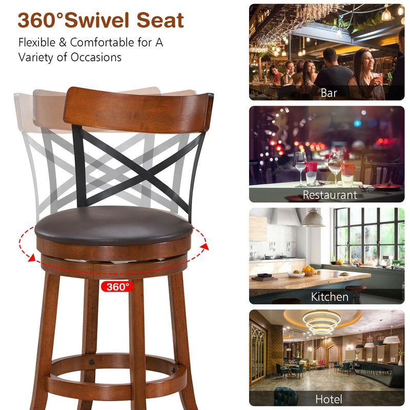 Set of 2 Bar Stools 360-Degree Swivel Dining Bar Chairs with Rubber Wood Legs-M