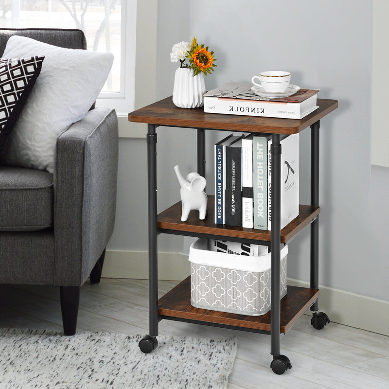 3-tier Adjustable Printer Stand with 360° Swivel Casters-Brown