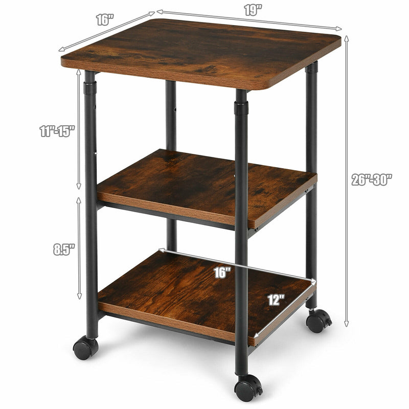 3-tier Adjustable Printer Stand with 360° Swivel Casters-Brown