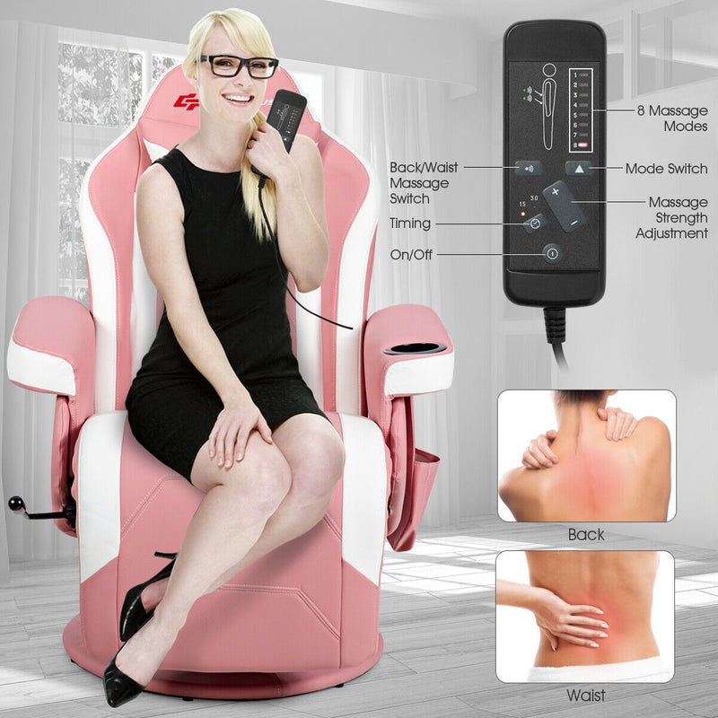 Ergonomic High Back Massage Gaming Chair with Pillow-Pink