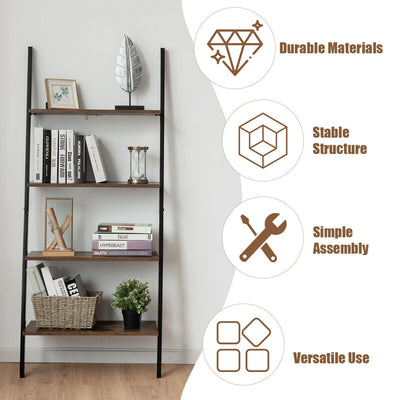 Multipurpose 4-Tier Industrial Leaning Wall Bookcase with Metal Frame-Brown