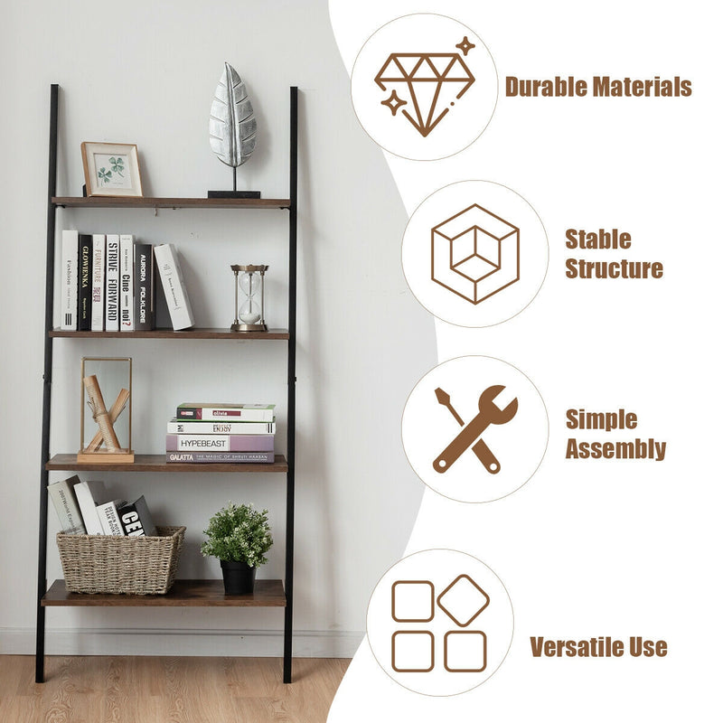 Multipurpose 4-Tier Industrial Leaning Wall Bookcase with Metal Frame-Brown