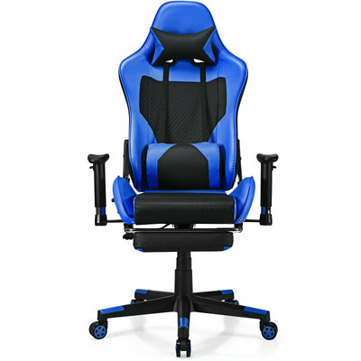 PU Leather Gaming Chair with USB Massage Lumbar Pillow and Footrest-Blue