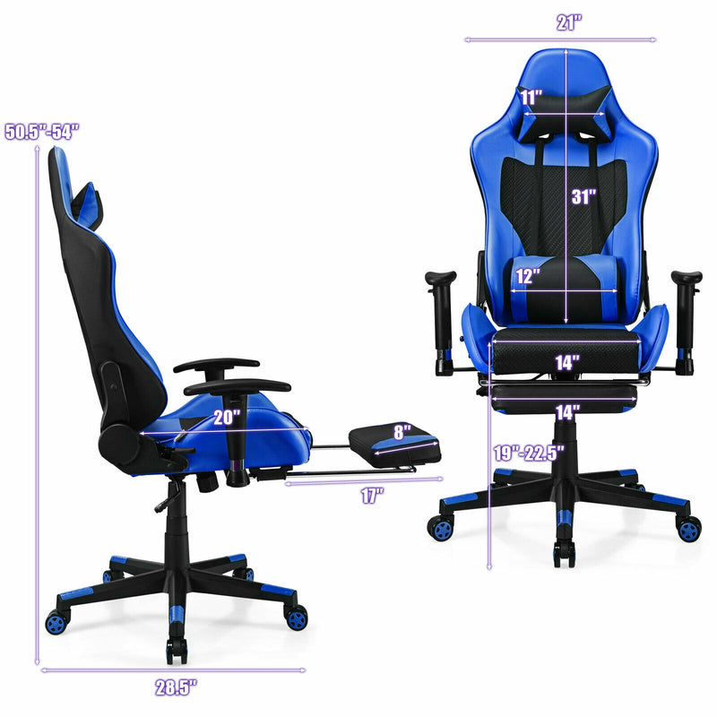 PU Leather Gaming Chair with USB Massage Lumbar Pillow and Footrest-Blue