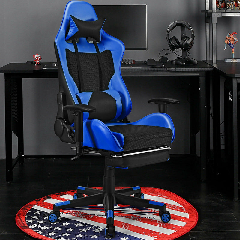 PU Leather Gaming Chair with USB Massage Lumbar Pillow and Footrest-Blue