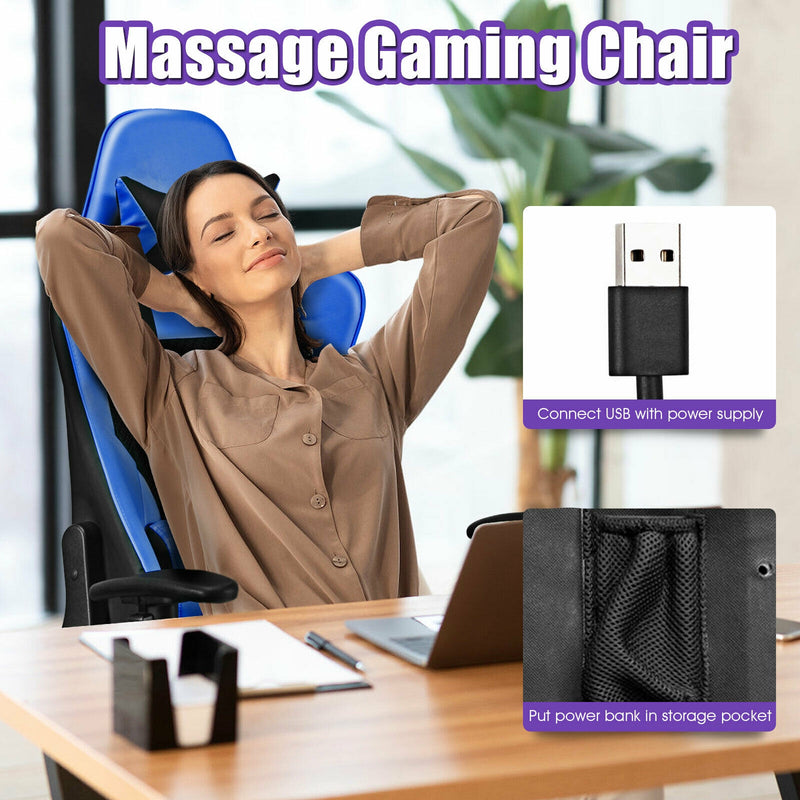 PU Leather Gaming Chair with USB Massage Lumbar Pillow and Footrest-Blue