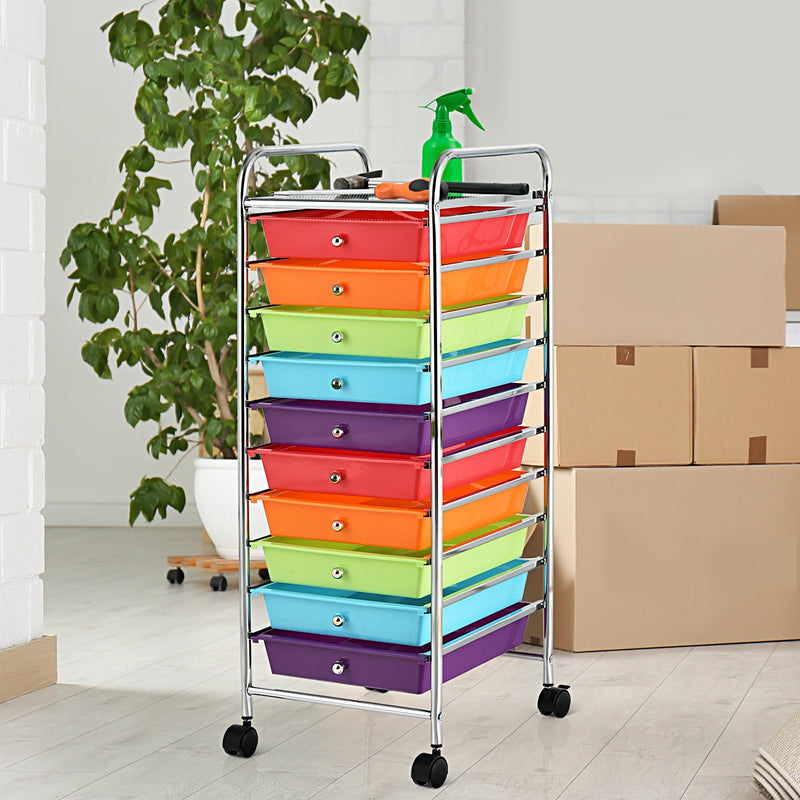 10 Drawer Rolling Storage Cart Organizer with 4 Universal Casters-Multicolor