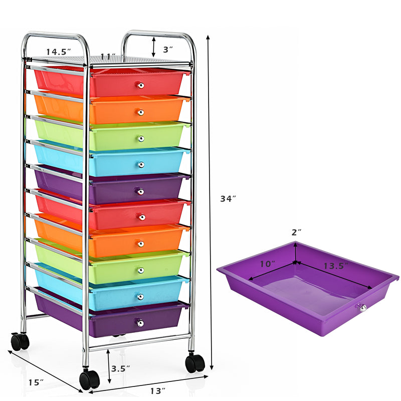 10 Drawer Rolling Storage Cart Organizer with 4 Universal Casters-Multicolor