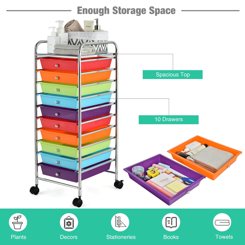 10 Drawer Rolling Storage Cart Organizer with 4 Universal Casters-Multicolor