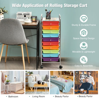 10 Drawer Rolling Storage Cart Organizer with 4 Universal Casters-Multicolor