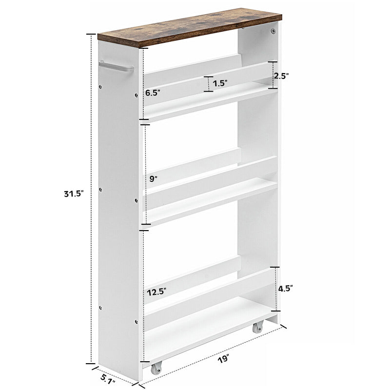 4 Tiers Rolling Slim Storage Kitchen Organizer Cart with Handle-White