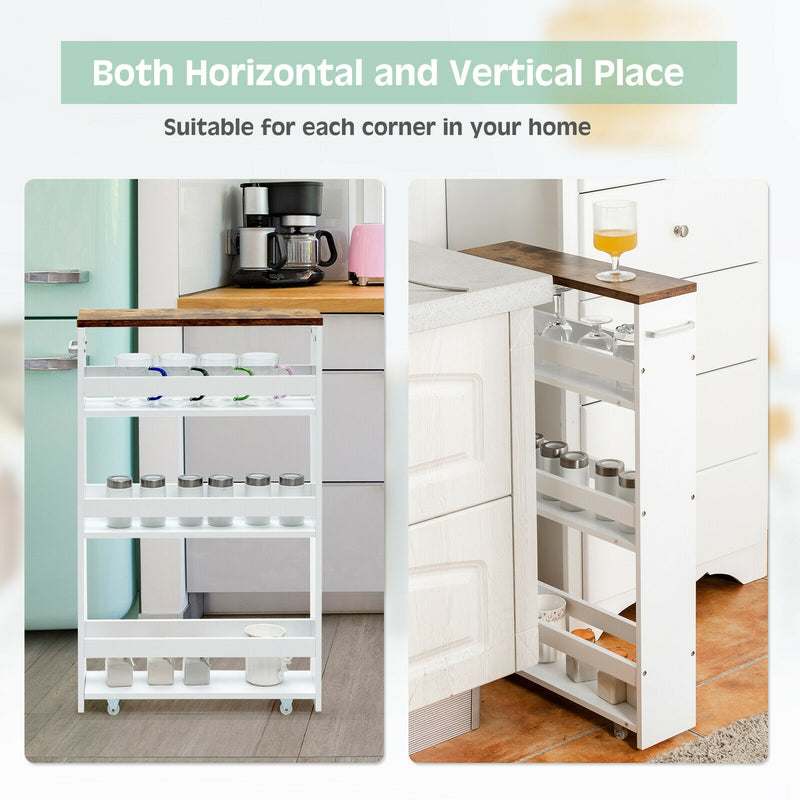 4 Tiers Rolling Slim Storage Kitchen Organizer Cart with Handle-White