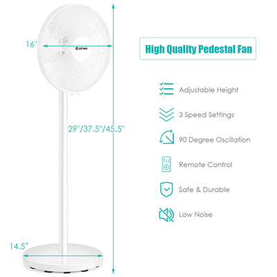 16 Inch Oscillating Pedestal 3-Speed Adjustable Height Fan with Remote Control-White